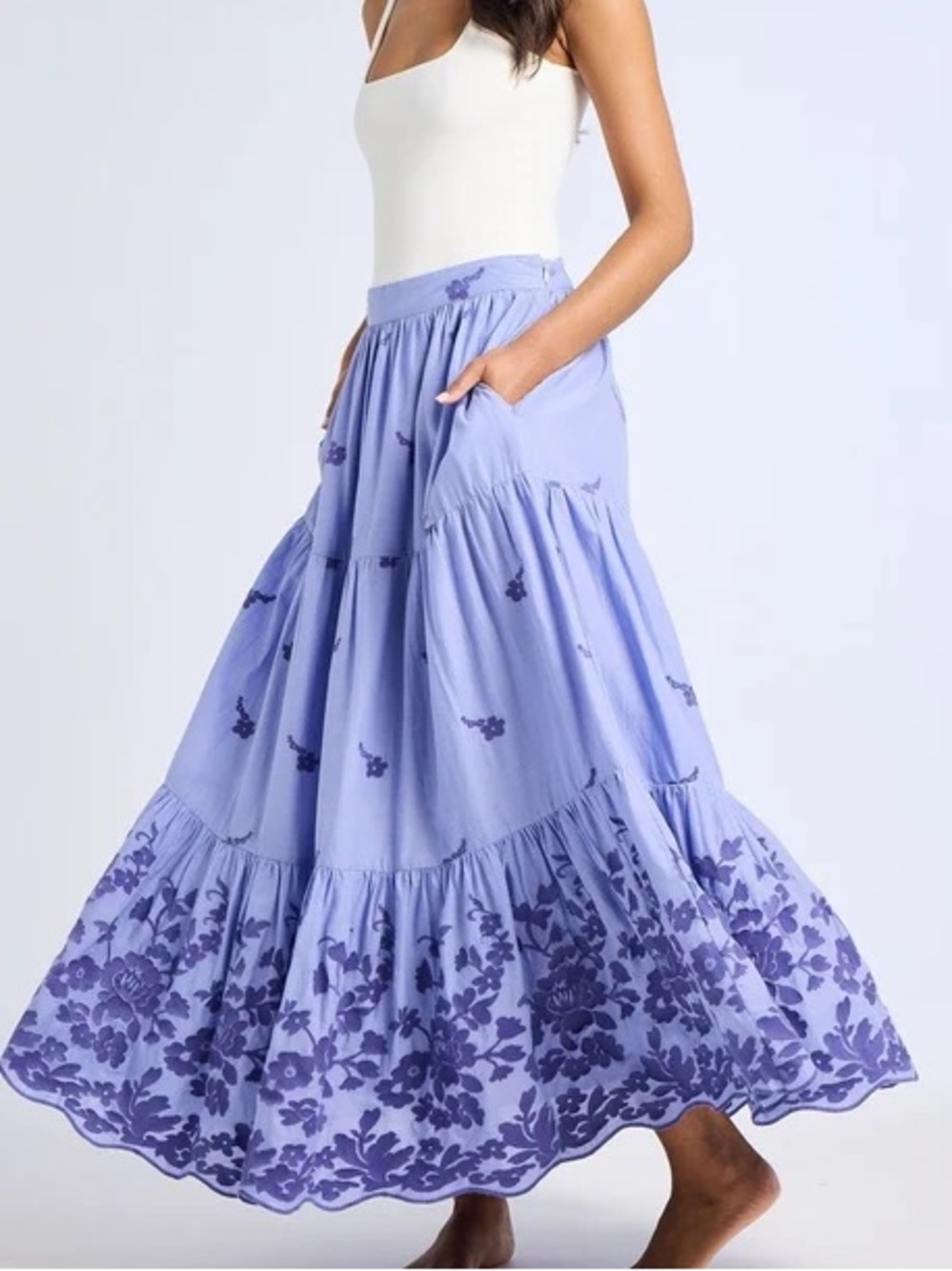 MILLE Paola Periwinkle Embroidered Floral Tiered Maxi Skirt L NWT